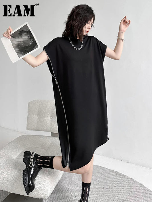 [EAM] vestido Casual negro con cremallera de talla grande para mujer nuevo cuello redondo manga corta corte holgado moda Primavera Verano 2024 1DF7865