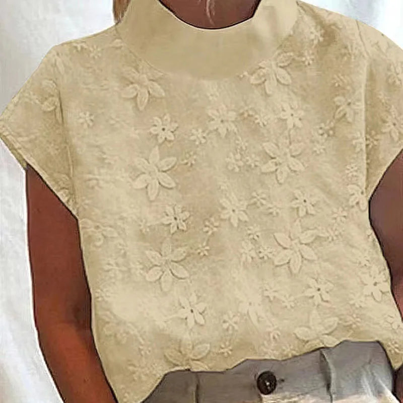 Vintage Embroidery Turtleneck Blouse Shirts Women 2023 Ladies Casual Half Sleeve Pullover Tops Summer Fashion Cotton Linen Blusa