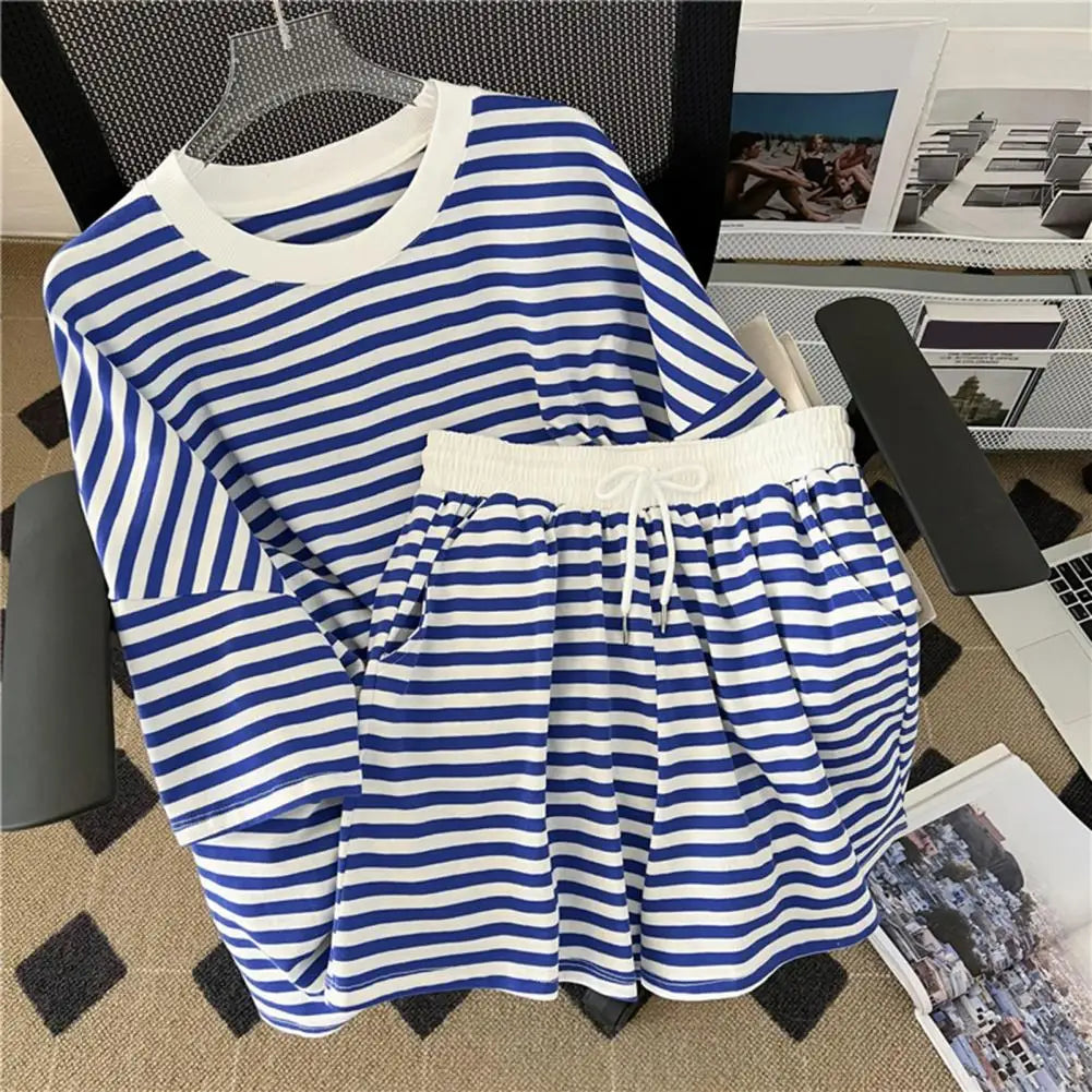 Striped Shorts And Top Sets Short Sleeves Tee Top Short Pants Suit 2022 Summer 2 Piece Outfits T-shirt Blouses Wide Leg Shorts