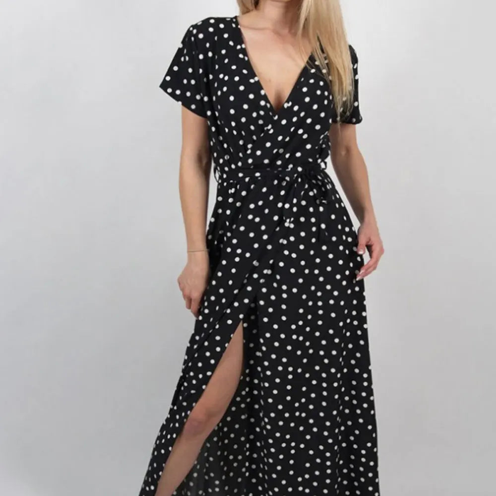 Été dames longue robe fendue à pois robe de plage robe Maxi femmes robe de soirée longueur au sol plage Hobo robe d'été