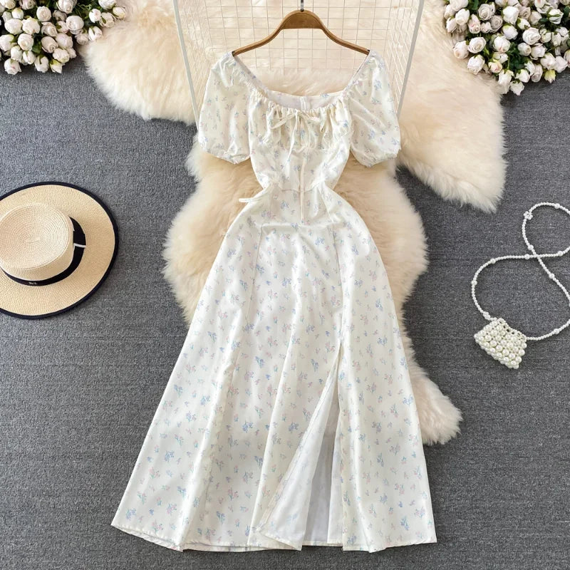 Summer Vintage Dress Blue Floral Summer Bubble Sleeve Tie Up Sexy Dresses Women A-line Print Split Long Dress Elegant Vestidos