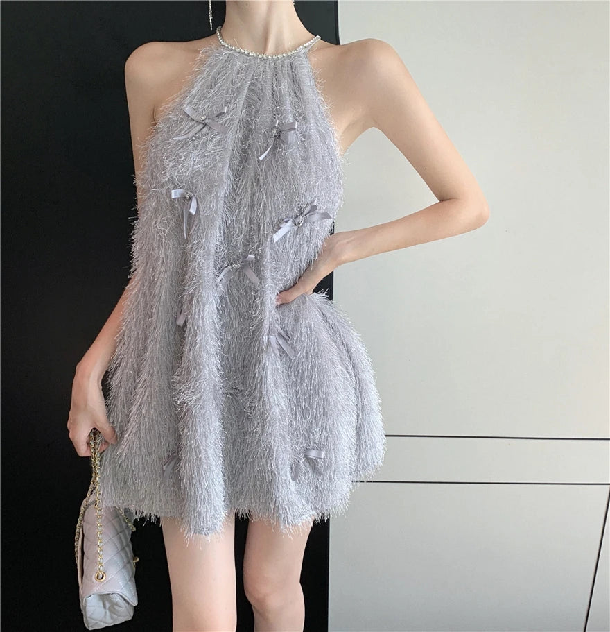 Elegant Women Halter Feather Bow Beaded Dress French Temperament Sleeveless Loose A-line Mini Dresses Fashion Party