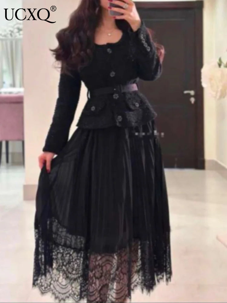 UCXQ – robe noire Vintage avec boutons et perles, col rond, avec ceinture, robes de soirée pour femmes, vêtements de fête de mariage, été 2023