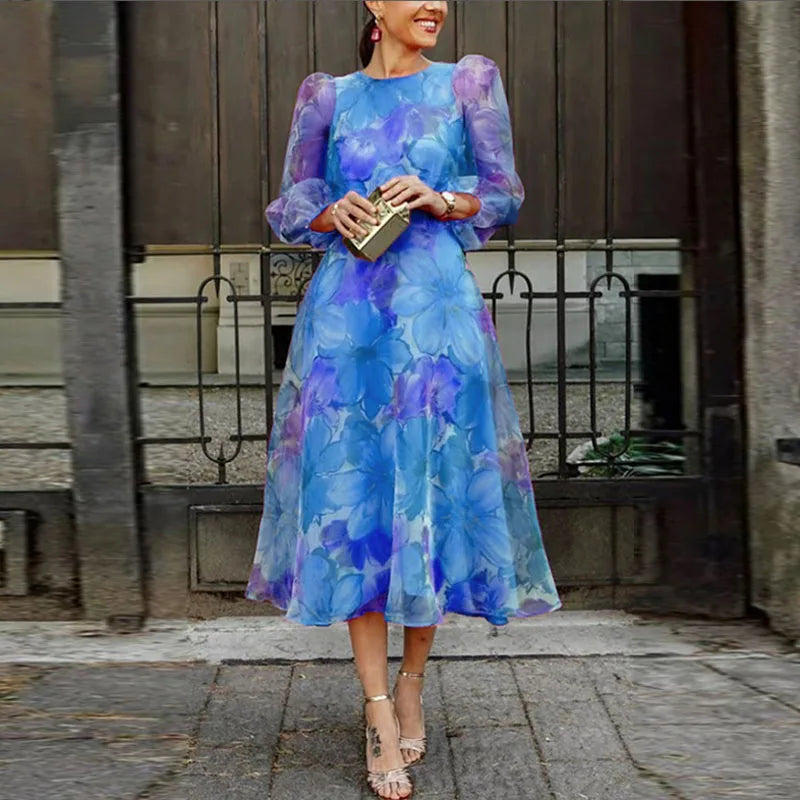 Vestido de noche de otoño para mujer, vestido elegante informal de gasa con estampado Floral, vestido de fiesta de primavera con cuello redondo y manga abombada 3/4