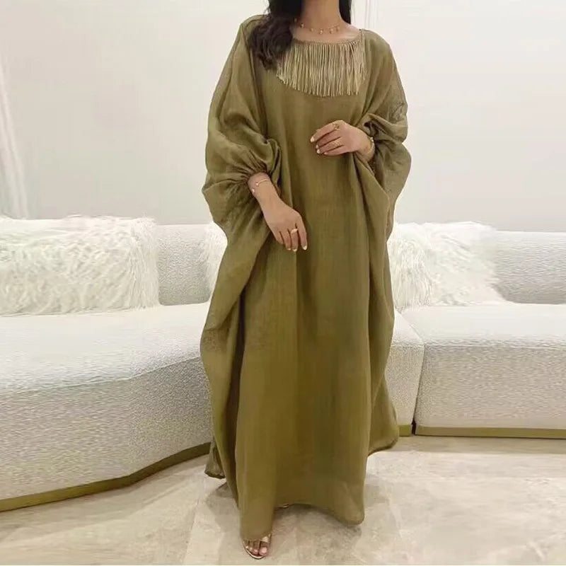 Ethnic Vintage Solid Tassel Cotton Linen Dress Women 2023 Spring O Neck Loose Long Maxi Dress Summer Lantern Sleeve Boho Dresses