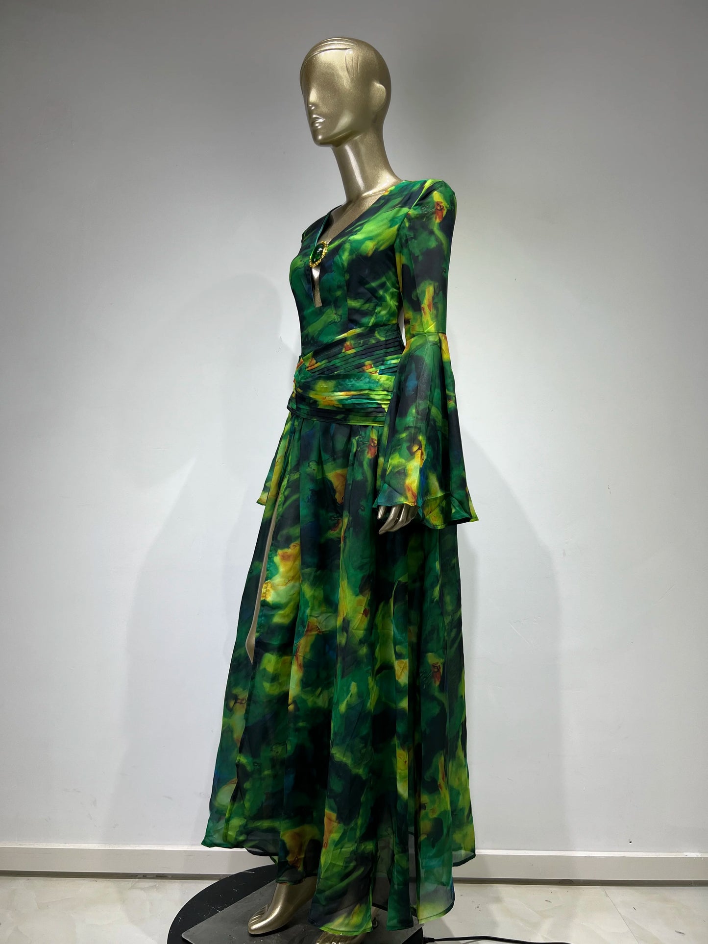 2024 New Women Green Floral Party Dress Long Seeve V Neck With Rhinstone Open Leg Maxi Long Holiday Going Out Beach Gowns