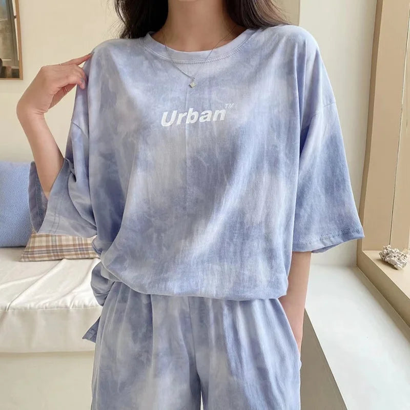 Tracksuits Women Sportswear Cotton Tie Dye O-Neck Two Piece Shorts Sets Loose Casual 2pcs Short Sleeve T-Shirt Shorts Suits 2024