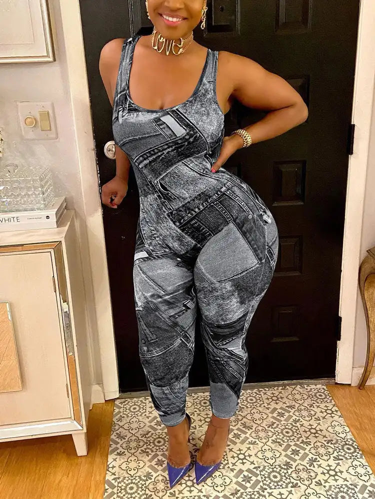 Women's Plus Size Denim Jumpsuit 5XL 2023 - Scoop Neck Slim Fit Medium Stretch Tank with Printed Design