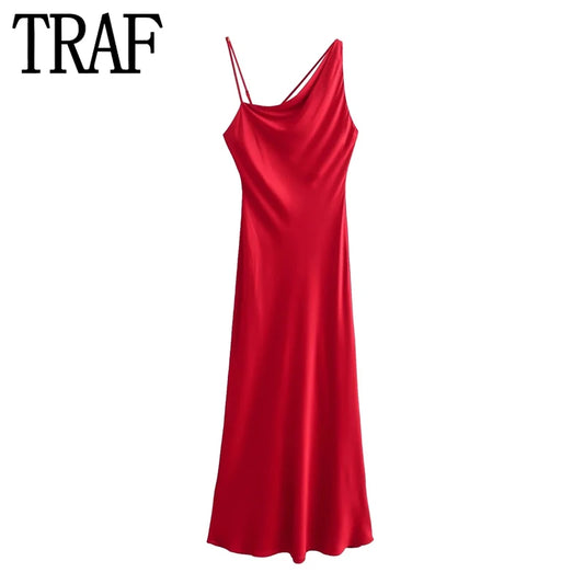 TRAF Red Satin Dress Woman Asymmetric Sleeveless Long Dress Women Summer Sexy Backless Evening Dresses Elegant Party Dresses