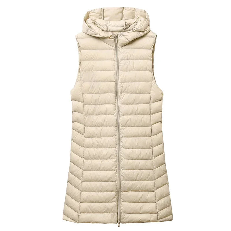 Women's Autumn/Winter X-long Hooded Sleeveless Jackets 2023 New White Duck Down Female Slim Fit Office Lady Warm Vest Coat