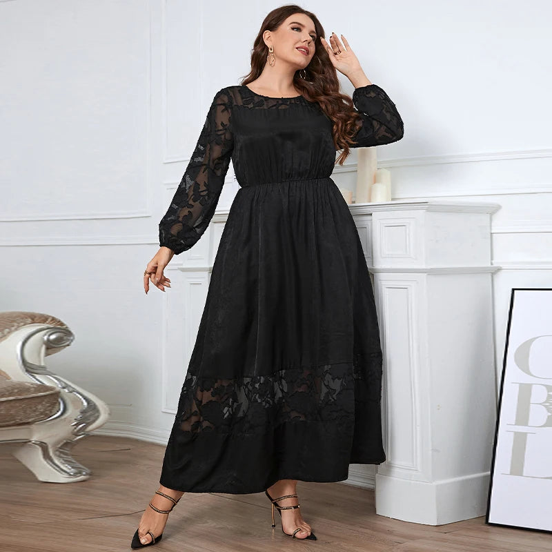 Della Mel Ropa de talla grande para mujer, vestido negro con cuello redondo y mangas largas de encaje, vestidos elegantes informales de talla grande 3XL 4XL