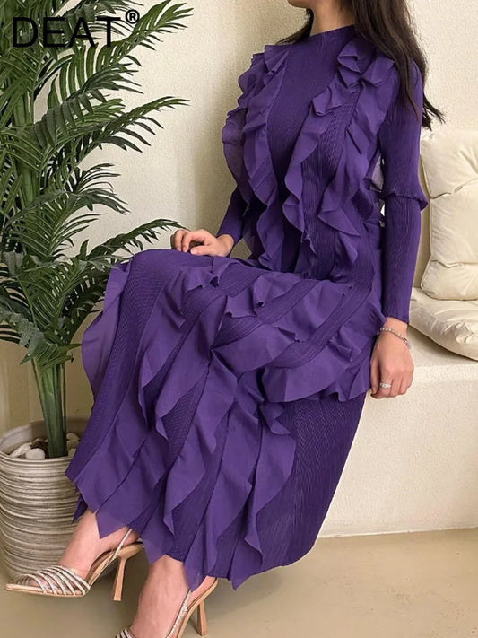 DEAT Women Pleated Fashion Dress Round Collar Full Sleeve Spliced Ruffles New 2024 Summer Evening Party Clothing Lady 15KB2600