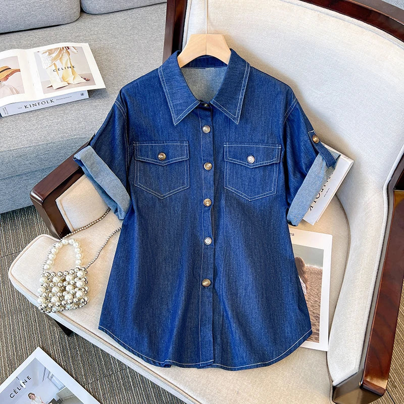 Women Summer Denim Suit Shirt Top And Min Pleated Skirt Two Piece Set Matching Outfits Vintage Blue Lage Size Fashion Clothing