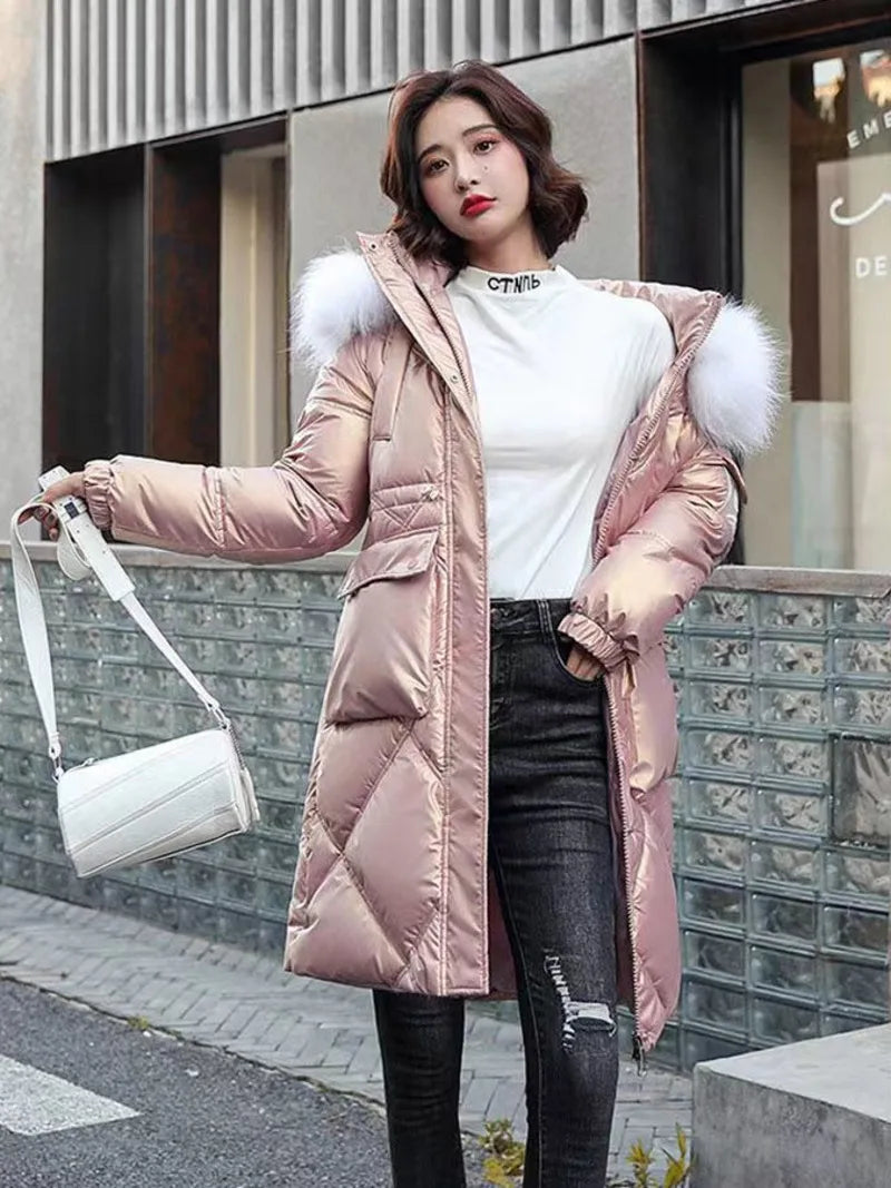 2023 Autumn Winter Hooded Fur Collar Long Parkas Mujer Thick Warm Down Cotton Padded Jacket Women Casual Hoodies Coat Female