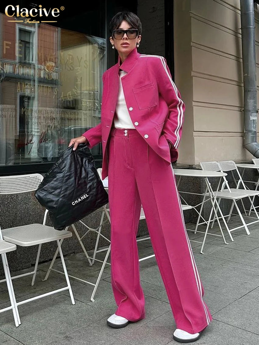 Clacive-Conjunto de 2 piezas de camisa de manga larga para mujer, conjunto de pantalones azul holgado a la moda, pantalones anchos de cintura alta informales elegantes 2023