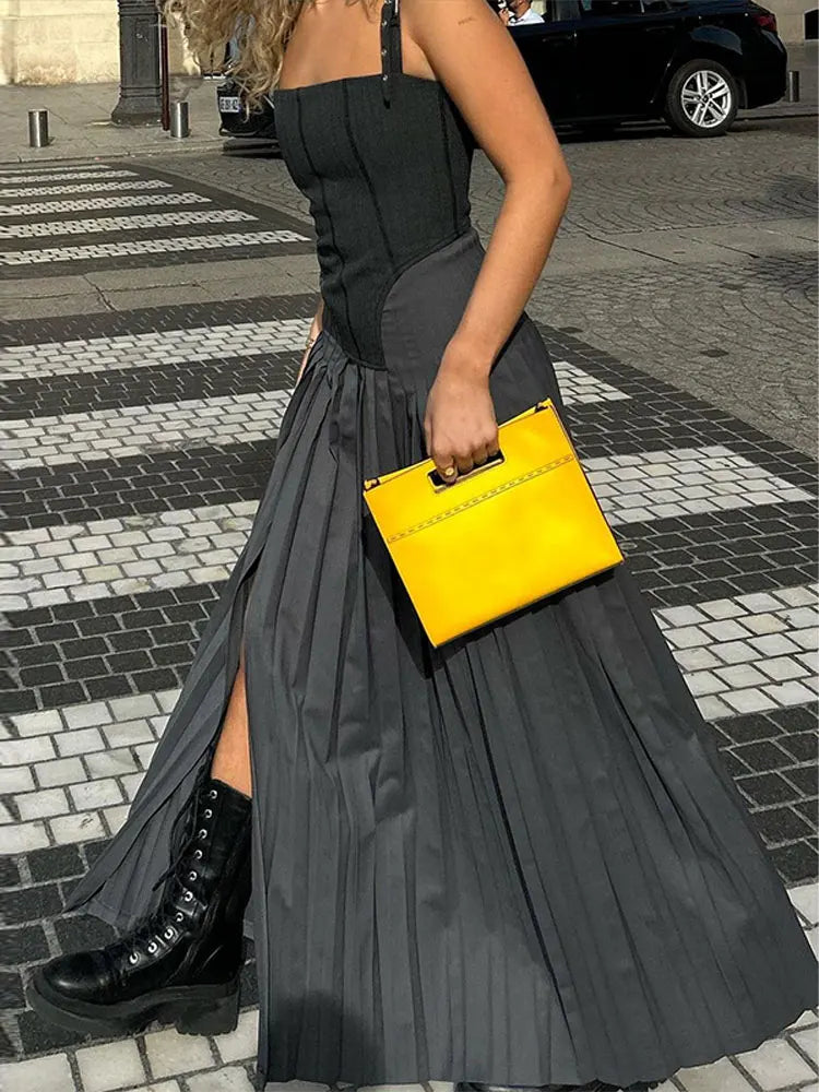 Elegant Slim Backless Sling Dress Women Fashion Solid Patchwork Slit Long Dresses 2023 Sexy Female Party Evening Robes Vestidos