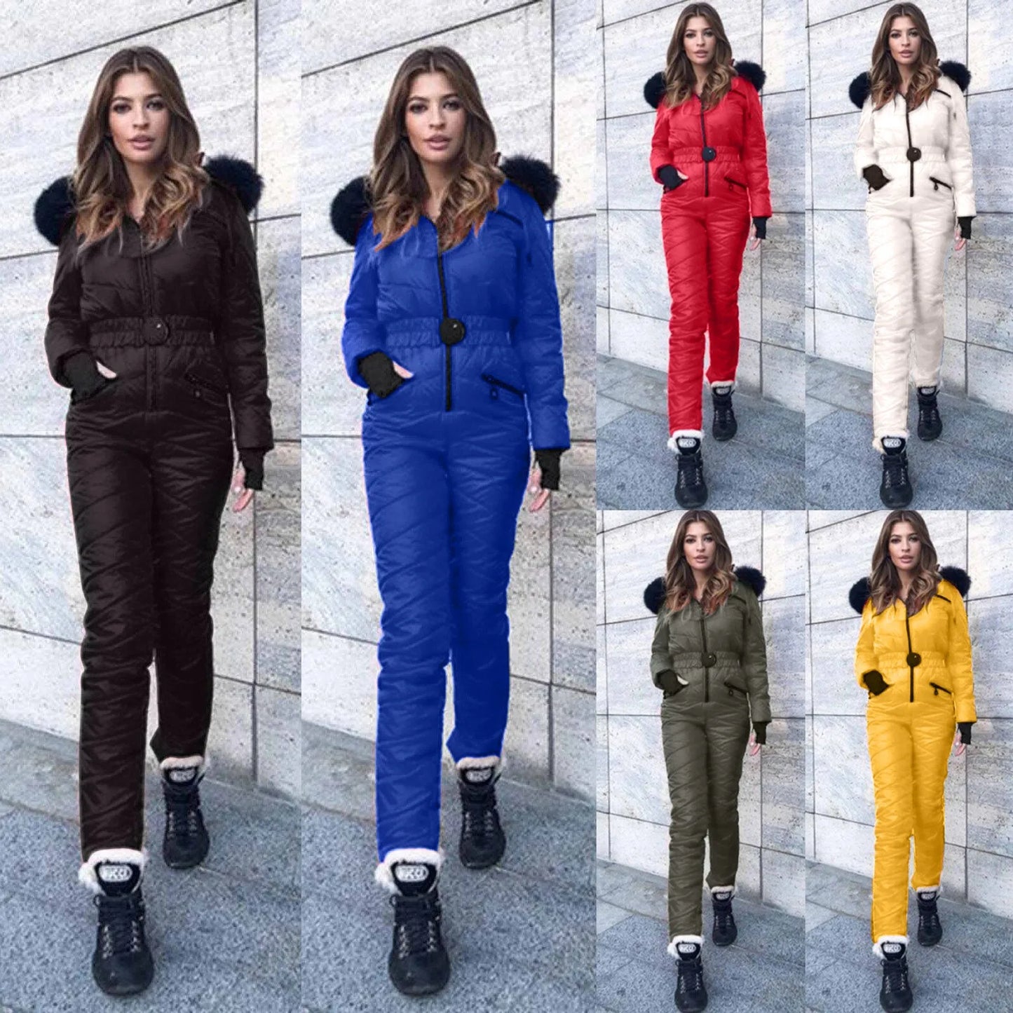 Winter One Piece Ski Suit Women Jackets Jumpsuit Women Hooded Parka Cotton bodysuit Sashes Jumpsuits Zipper Overalls Tracksuits