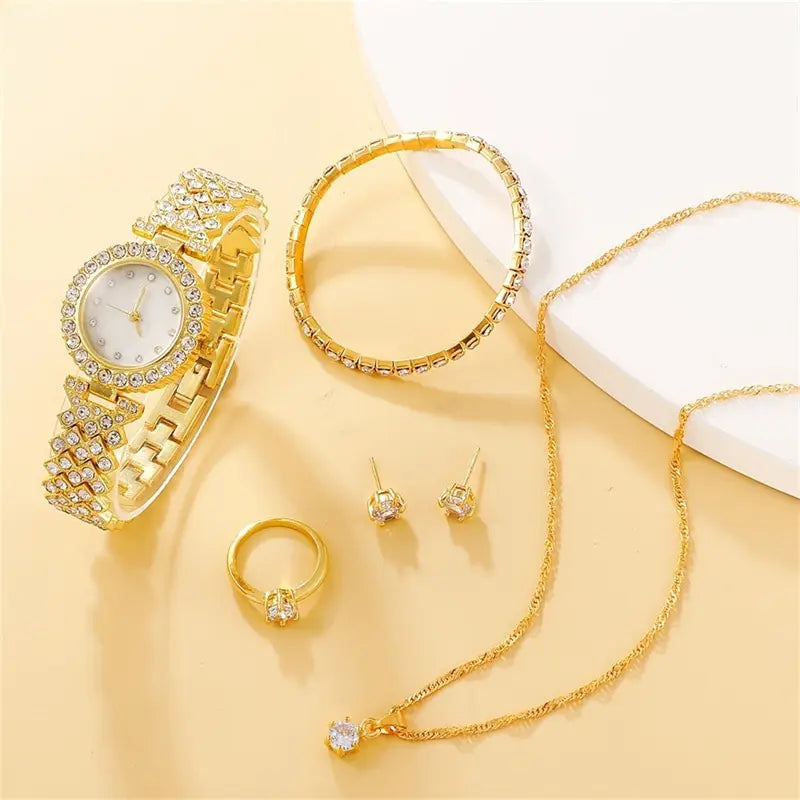 Conjunto de 6 uds. De reloj de lujo para mujer, anillo, collar, pendiente, reloj de pulsera de moda con diamantes de imitación, relojes informales para mujer, conjunto de pulsera