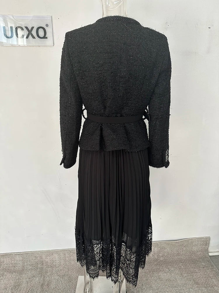 UCXQ – robe noire Vintage avec boutons et perles, col rond, avec ceinture, robes de soirée pour femmes, vêtements de fête de mariage, été 2023