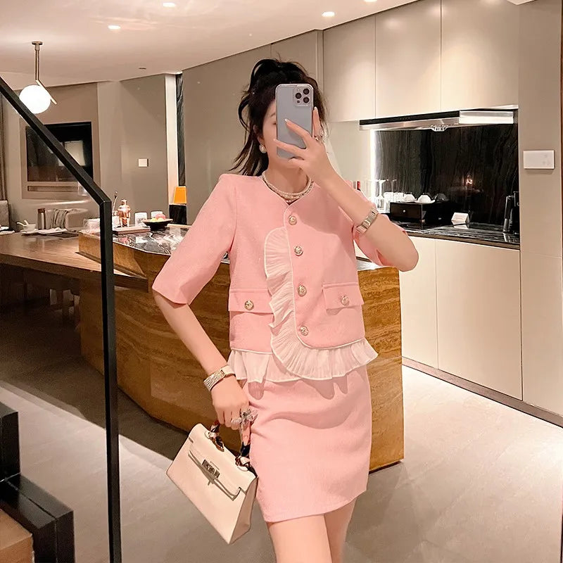 Summer 2022 New Arrival Chic Women’s Clothing, Elegant Lady Style Stylish Pink Ruffle Two-Piece Dress Set for Female Office Lady