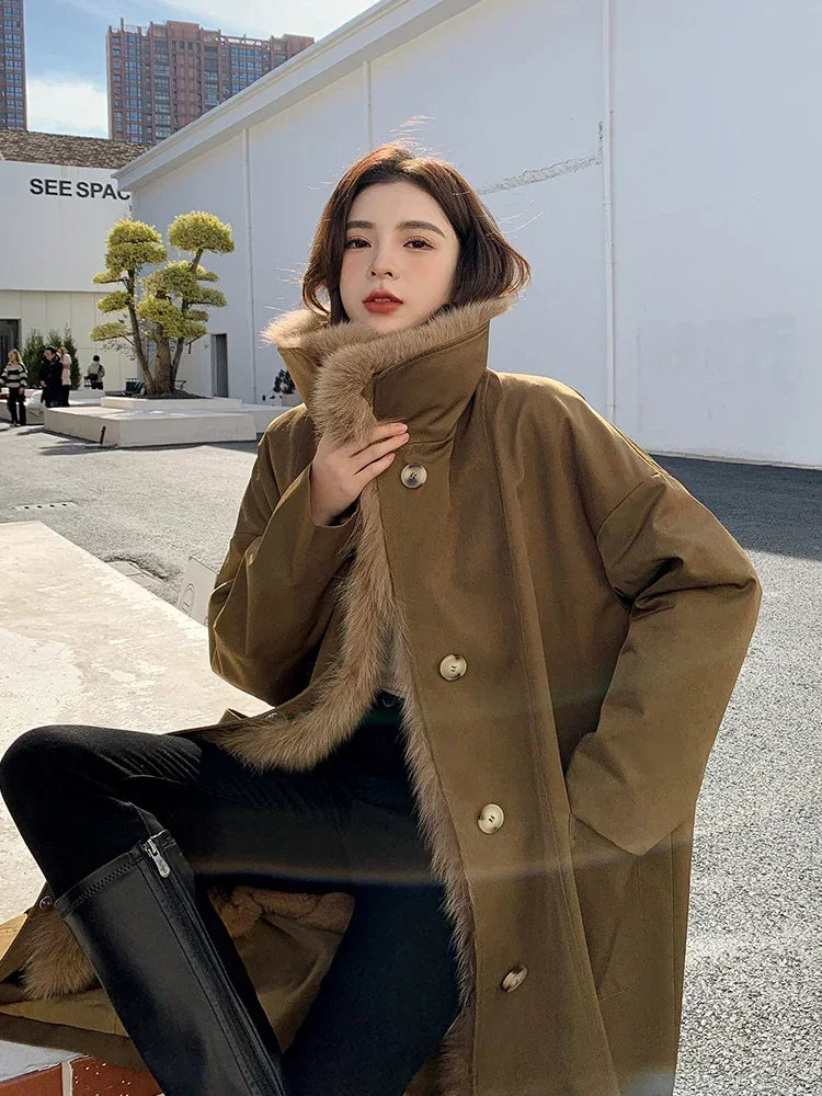 2022 New Female Winter Coat Women’s Parkas Real Fox Fur Collar Rex Rabbit Fur Linner Windbreaker Ladies Overcoat Womens Clothing