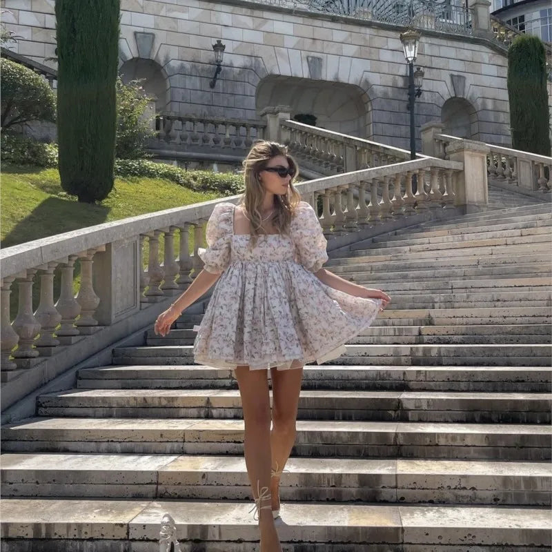 Vestido de fiesta de Organza empalmado con estampado Floral de gasa de 2 maneras, vestido Retro con mangas abullonadas, Vestidos cortos oscilantes para mujer, Vestidos de hadas