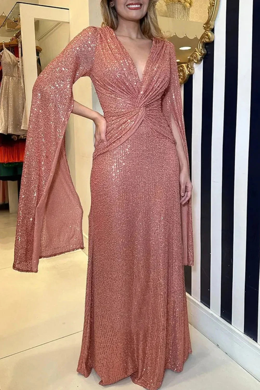 Robe de soirée à paillettes élégante, mode automne hiver, luxe, col en v, manches cape, Slim, robe de soirée en queue de poisson pour femmes