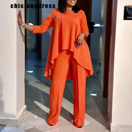 Autumn Fashion Solid Two Piece Set African Women Elegant Loose Irregular Tshirt Wide Leg Pants Two Piece Set Women