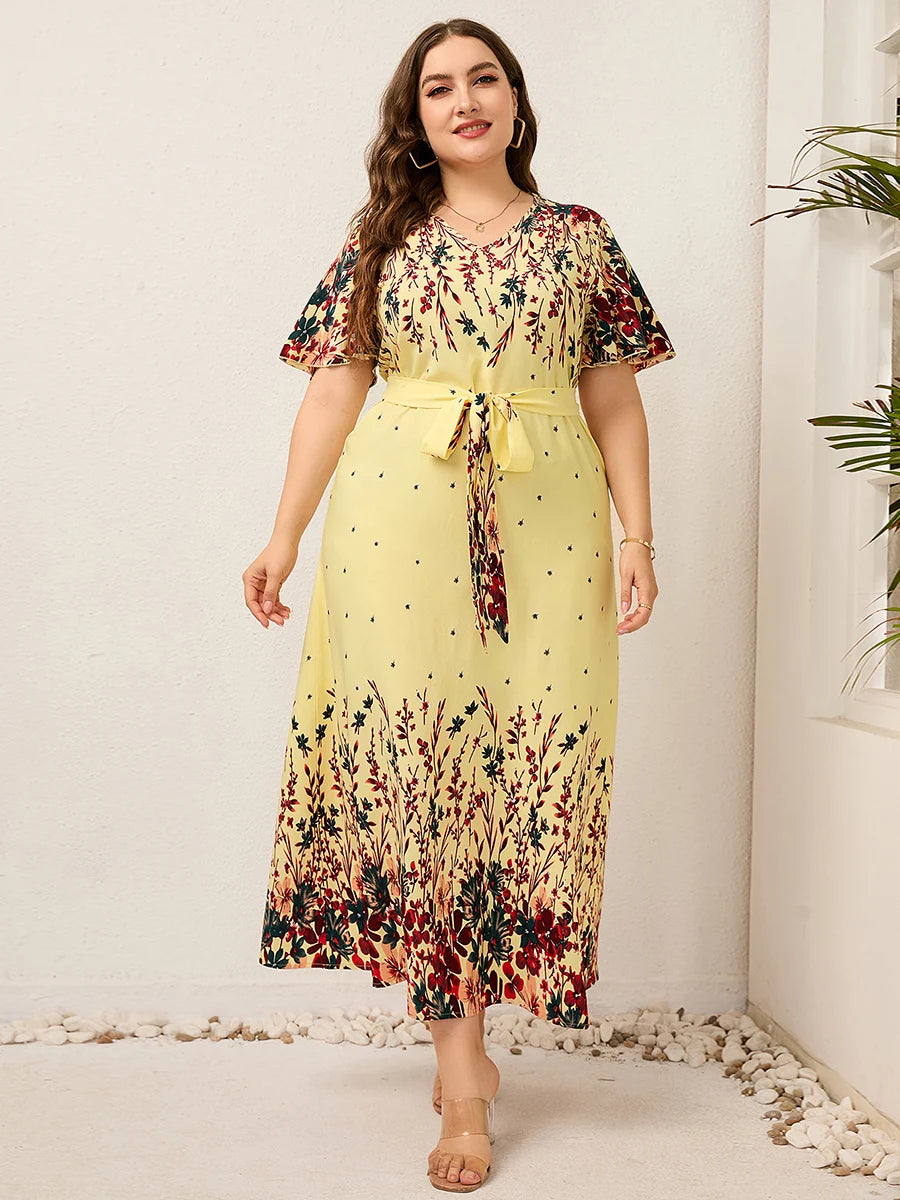 Robe longue d'été pour femmes, col en V, manches courtes, imprimé Floral, style Boho, robe de plage, courbée, grande taille, vêtements pour femmes, 2023