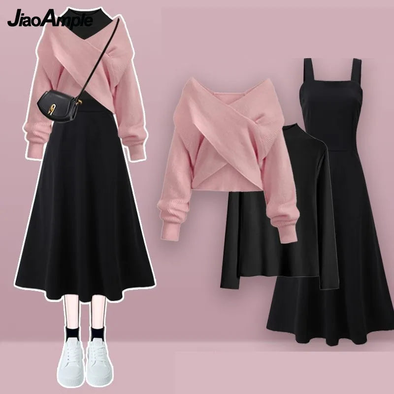 2023 Autumn/Winter New Korean Elegant Matching Set Women's Fashion Cross Knit Sweater+Bottom Shirt+Strap Dress Three Piece Suit