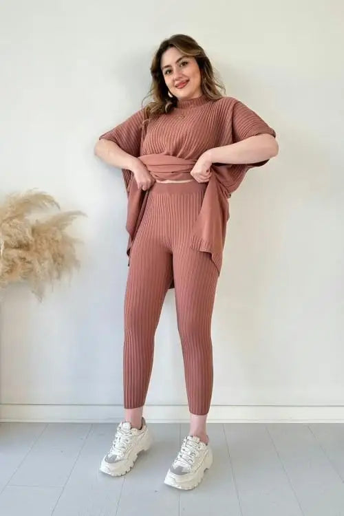 Women’s Stretch Knitted Two-piece Set Round Necked Bat Shirt Casual Clothing and Pants Playsuits