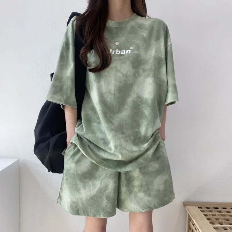 Tracksuits Women Sportswear Cotton Tie Dye O-Neck Two Piece Shorts Sets Loose Casual 2pcs Short Sleeve T-Shirt Shorts Suits 2024