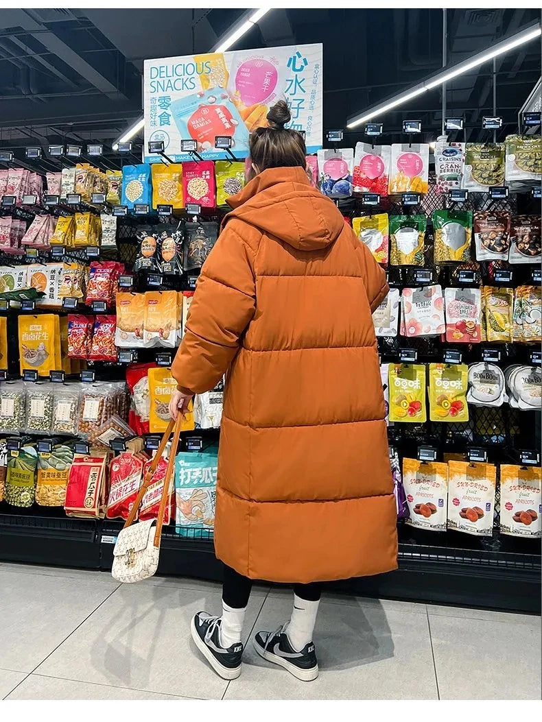 Parka de invierno para mujer, abrigo largo y recto de algodón con capucha, chaqueta acolchada holgada coreana, Parkas cálidas a la moda para mujer, prendas de vestir 2023