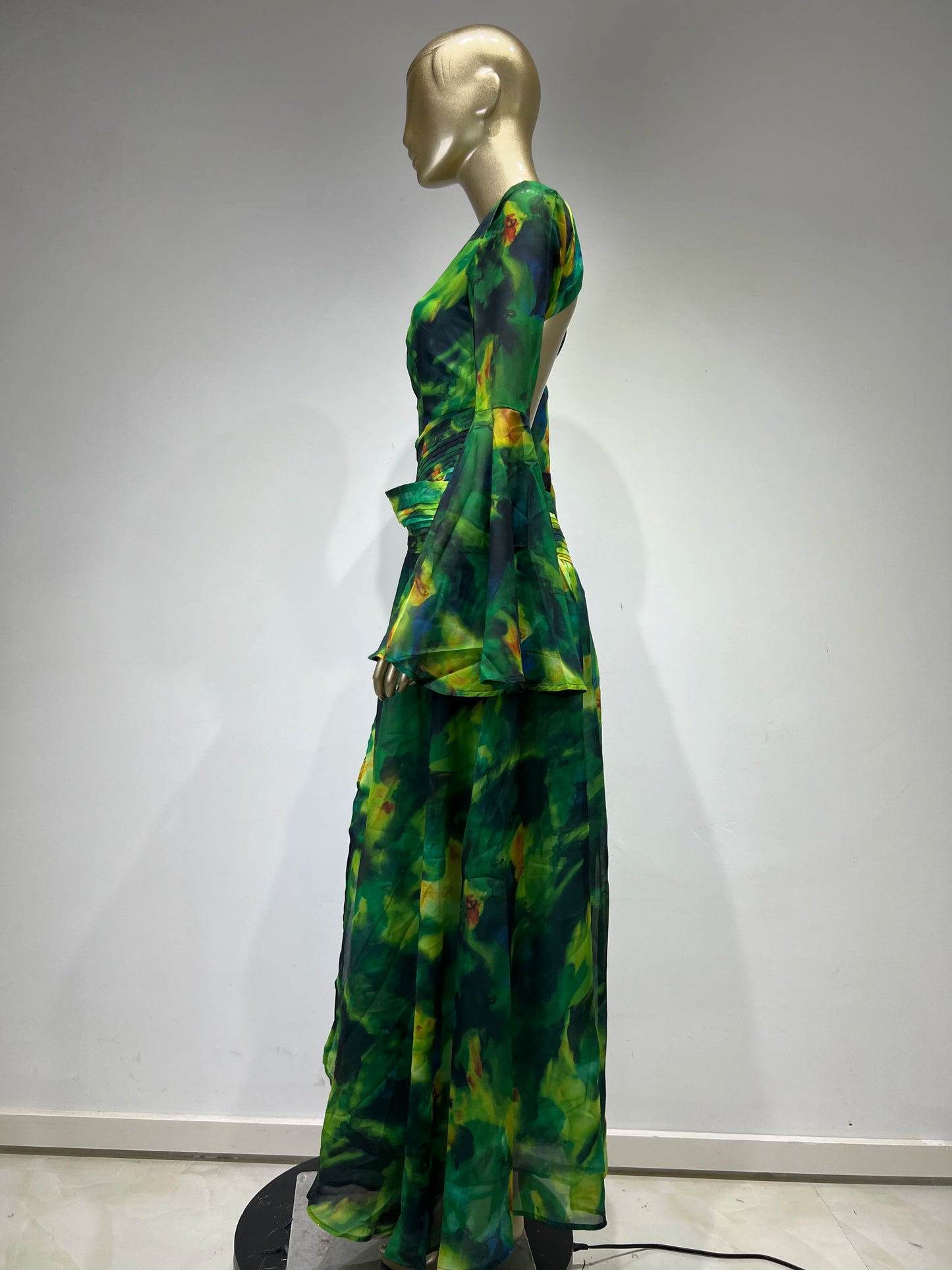 2024 New Women Green Floral Party Dress Long Seeve V Neck With Rhinstone Open Leg Maxi Long Holiday Going Out Beach Gowns