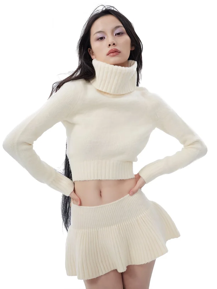 Absobe Knitted Sweater Mini Skirt 2 Piece Set Women Flapped High Neck Long Sleeve Top A-Line Short Skirt Set Autumn Streetwear