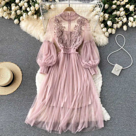 Women Evening Dress Three-dimensional Decoration Floral Mesh Stand Collar Lantern Sleeve Waist Up Ladies Dresses Summer 2023