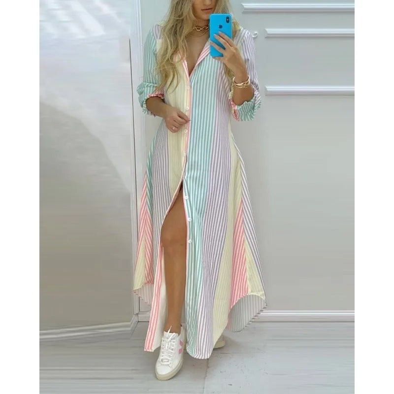 Femmes Boho imprimé chemises longues robe d'été col rabattu à manches longues robe de soirée femme décontracté soirée Maxi robes robes