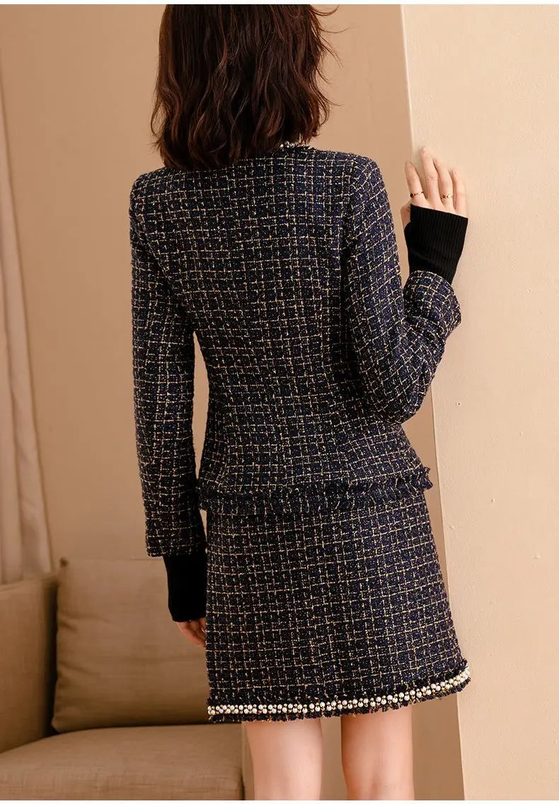 Women Tweed Elegant Chic Suit Pearl Jackert Coat Skirt Two Piece Set Matching Outfit Winter Workwear High Quality Clothing 2023