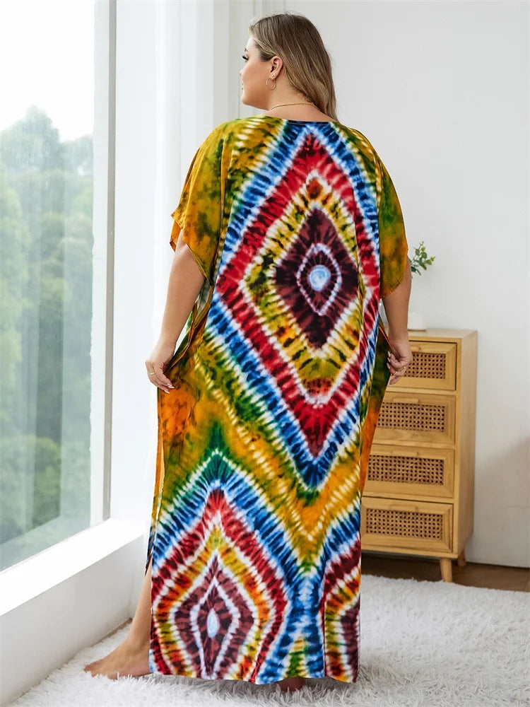 2024 Bohemian Multicolor V Neck Loose Kaftan Dress For Women Summer Casual Plus Size Batwing Sleeve Vacation Long Dress Q1464