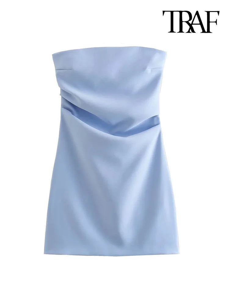 TRAF-Strapless Draped Mini Dress for Women, Straight Neck, Back Zipper, Female Dresses, Fashion