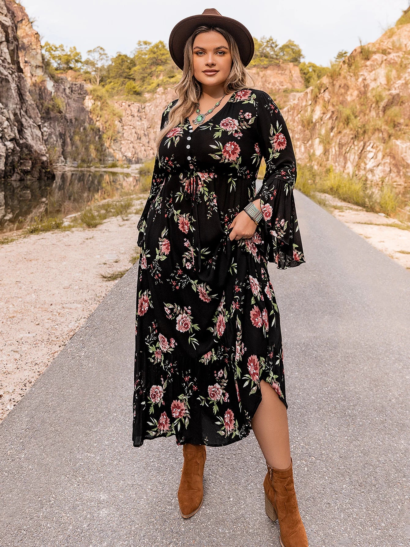 2023 Women's New Printed Fall/Winter Style Long Sleeve Plus Size Dress