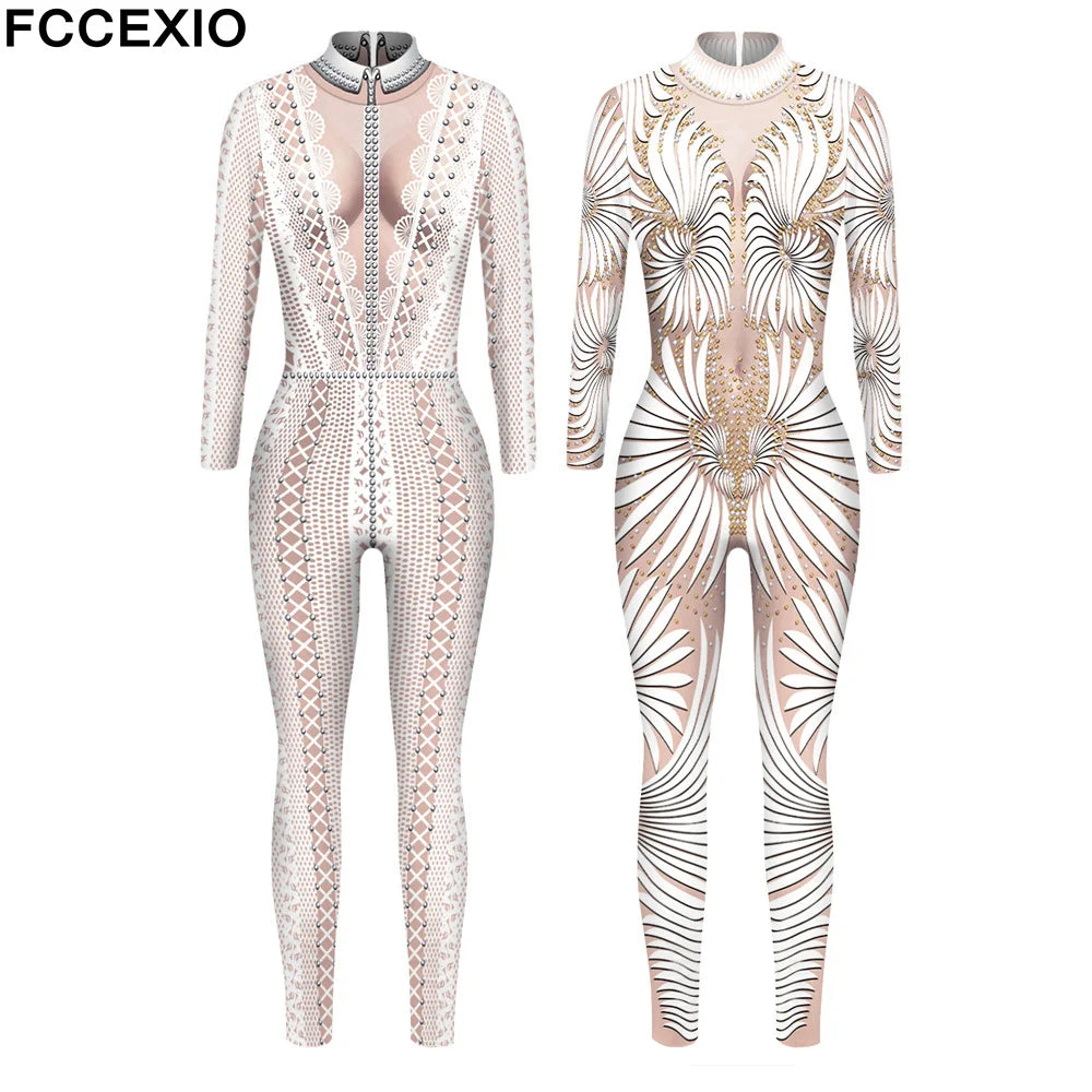 FCCEXIO dentelle paillettes motif 3D imprimé Cosplay Costume Sexy combinaison body adulte carnaval fête vêtements S-XL monos mujer