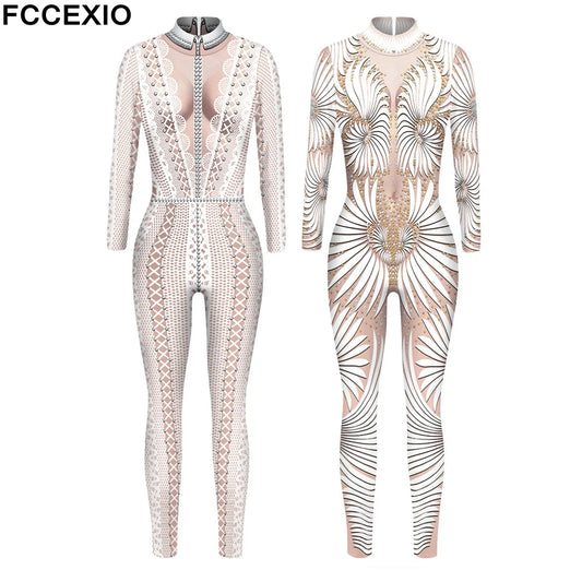 FCCEXIO dentelle paillettes motif 3D imprimé Cosplay Costume Sexy combinaison body adulte carnaval fête vêtements S-XL monos mujer