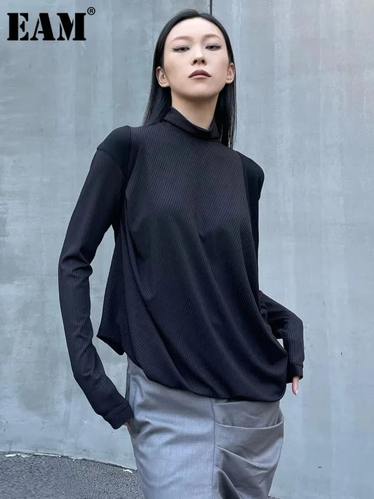 [EAM] Women Black Irregular Casual T-shirt New Turtleneck Long Sleeve Loose Fit Tees Fashion Tide Spring Autumn 2024 1DH2678