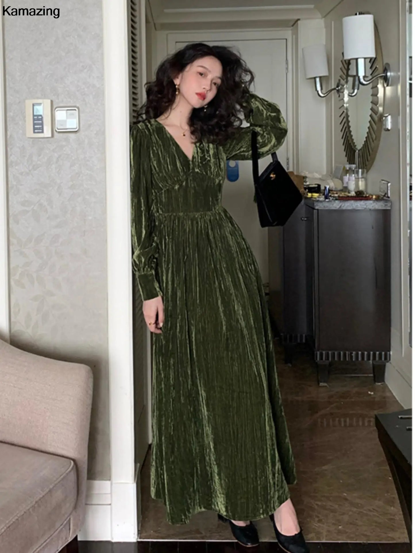 Robe en velours pour femmes, Vintage, col en V, Style français, élégante, taille fine, Robe de bal, automne hiver, manches longues, une pièce