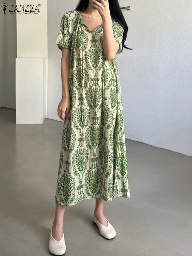 ZANZEA vacances été Robe Maxi femmes mode à manches courtes Robe Vintage imprimé pansement col rond Robe d'été décontracté robes amples