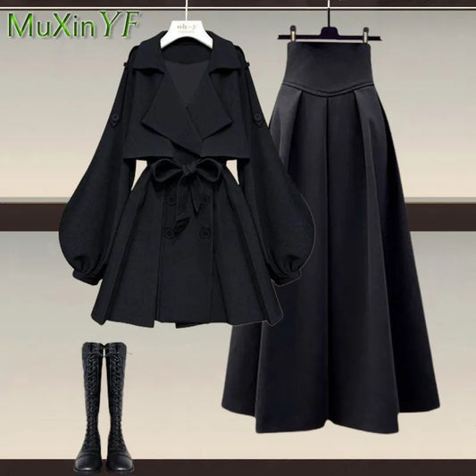 Costume deux pièces pour femmes, veste à la taille, jupe Midi, élégant, manteau ample, robe assortie, nouvelle mode automne/hiver 2023