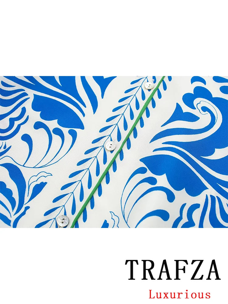 TRAFZA – costume imprimé Vintage décontracté pour femmes, chemise à simple boutonnage, manches longues, pantalon Long ample, Chic, mode printemps 2024, ensembles de base