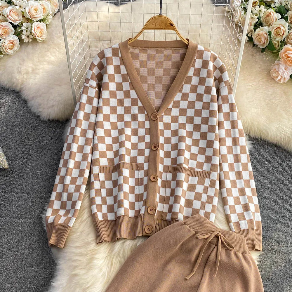 2023 Autunm Winter Women Knitted Y2K Suit Checkerboard Sweater And Pants Two Piece Set Tracksuit Female Clothing Matching Outfit