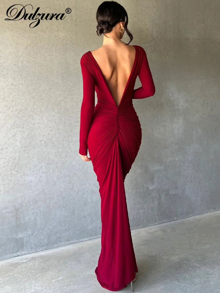 Dulzura Deep V-Neck Ruched Solid Maxi Dress Body-Shaping Long Sleeve Elegant Evening Party Sexy 2023 Summer Classic Prom